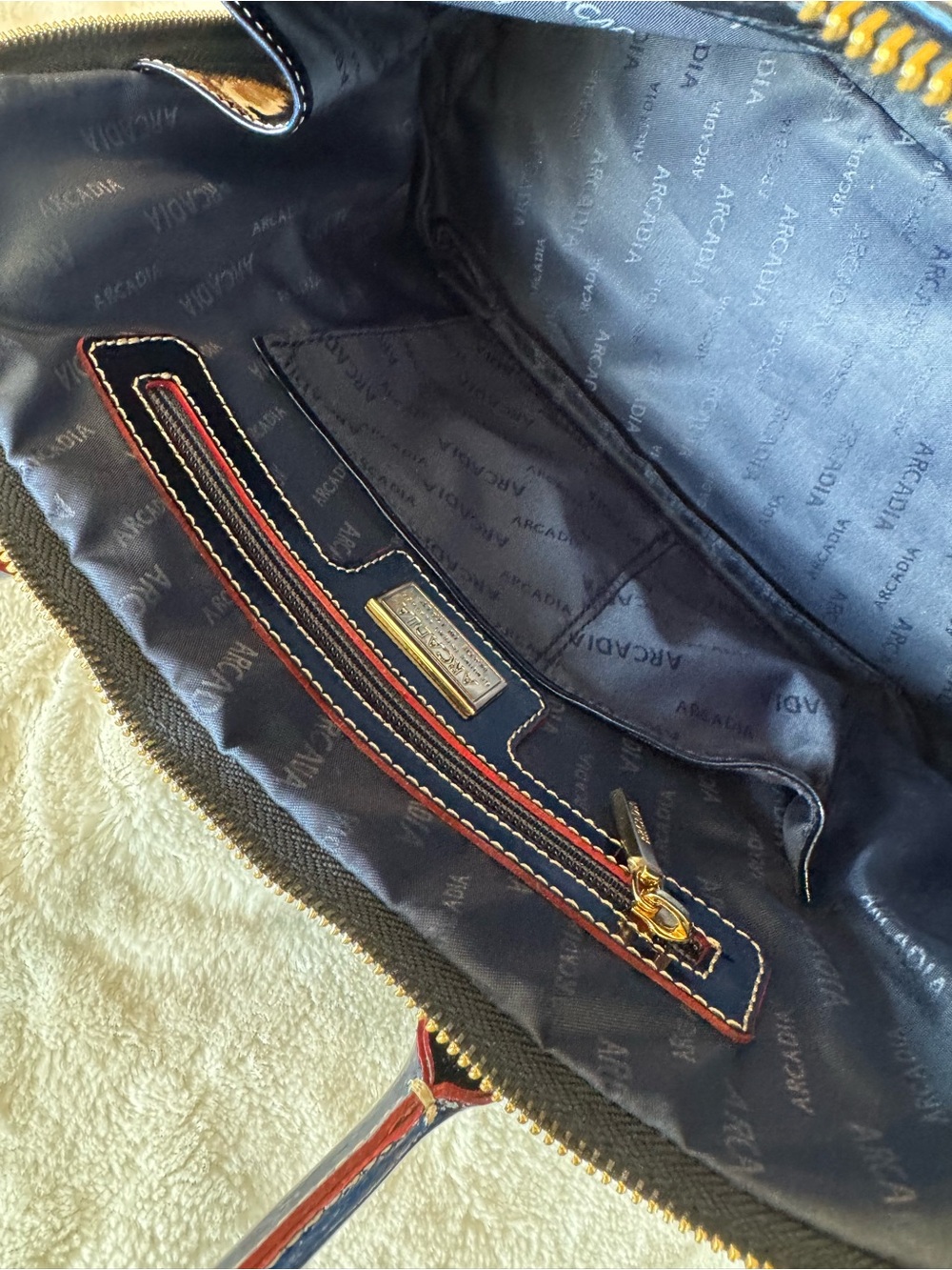 Arcadia Navy Patent Dome Satchel with Gold Hardware - Picture 8 of 13